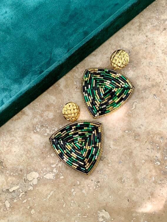 Handmade Beaded Triangle Drop Earrings | Art Deco Statement Jewellery