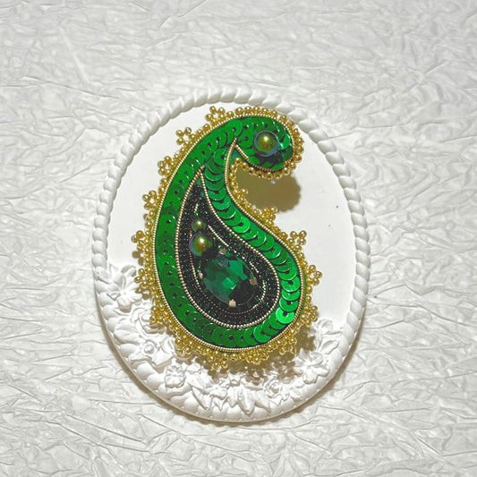 Handmade Green Paisley Brooch: Beaded Embroidery Statement Pin