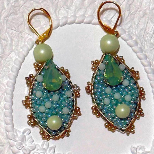 Handmade Beaded Dangle Earrings: Green Swarovski Crystals & Glass Pearls