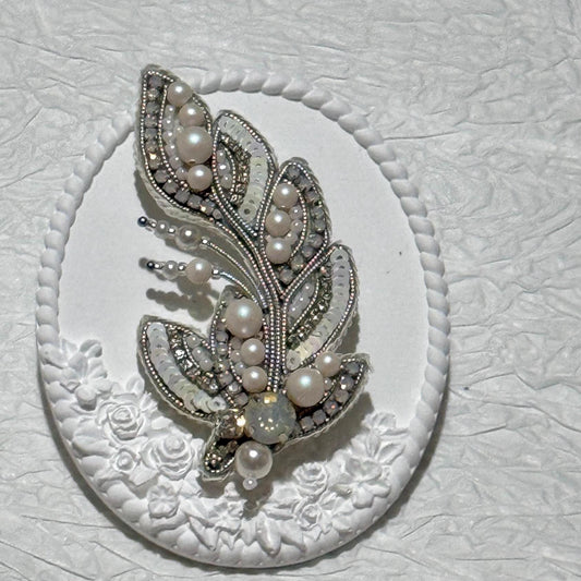 Handmade Beaded Feather Brooch: Pearl & Crystal Wedding Pin