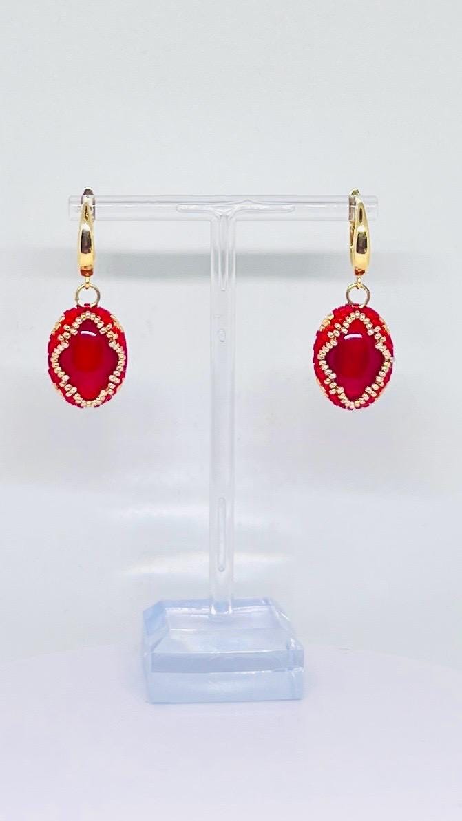 Elegant Red garnet Earrings with Gold Beaded Detail