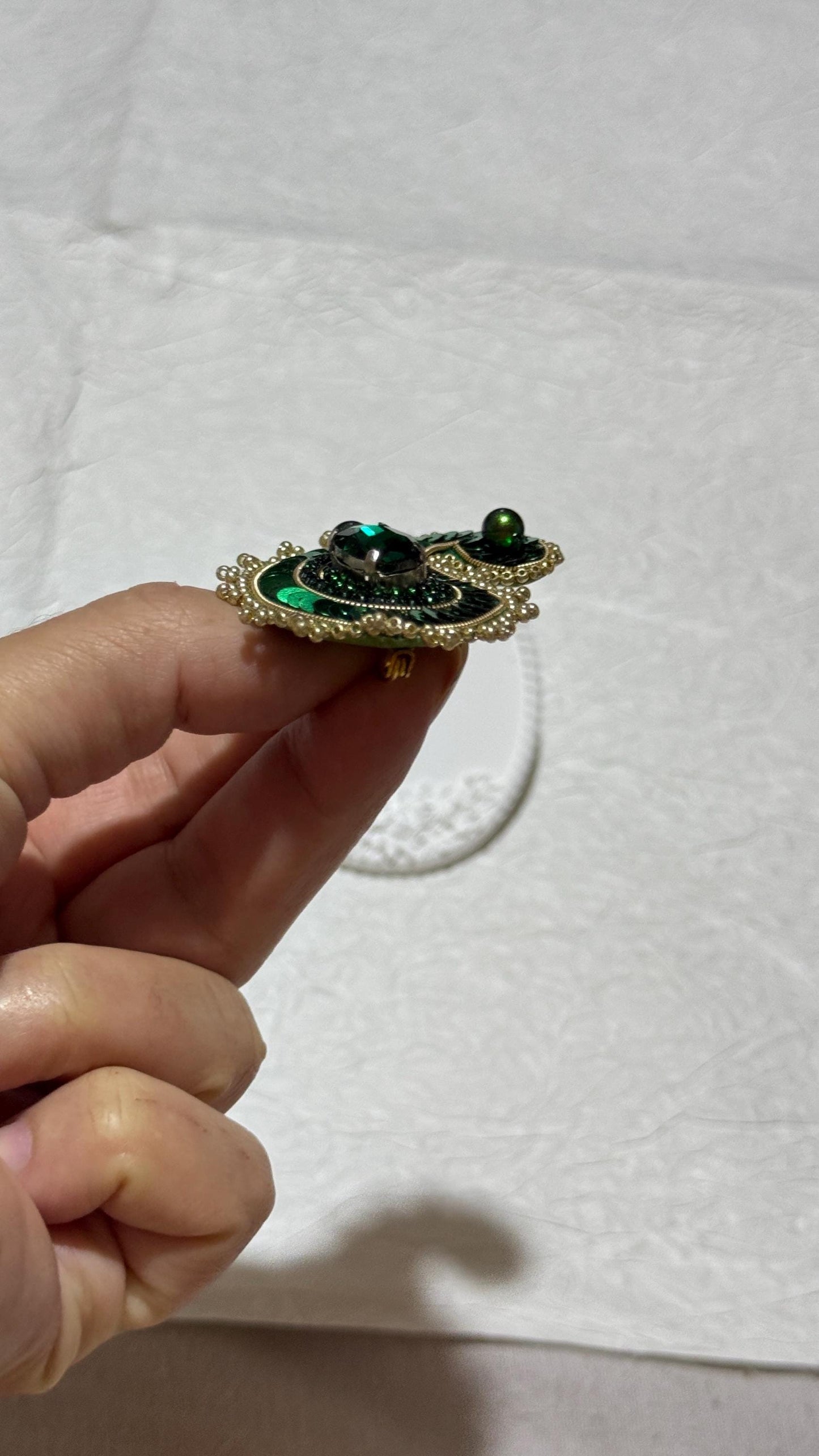 Handmade Green Paisley Brooch: Beaded Embroidery Statement Pin