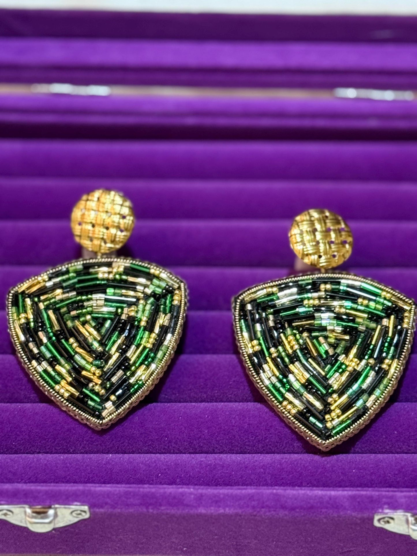 Handmade Beaded Triangle Drop Earrings | Art Deco Statement Jewellery