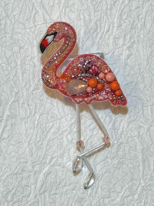 Handmade Beaded Flamingo Brooch: Pink Crystal Animal Lapel Pin