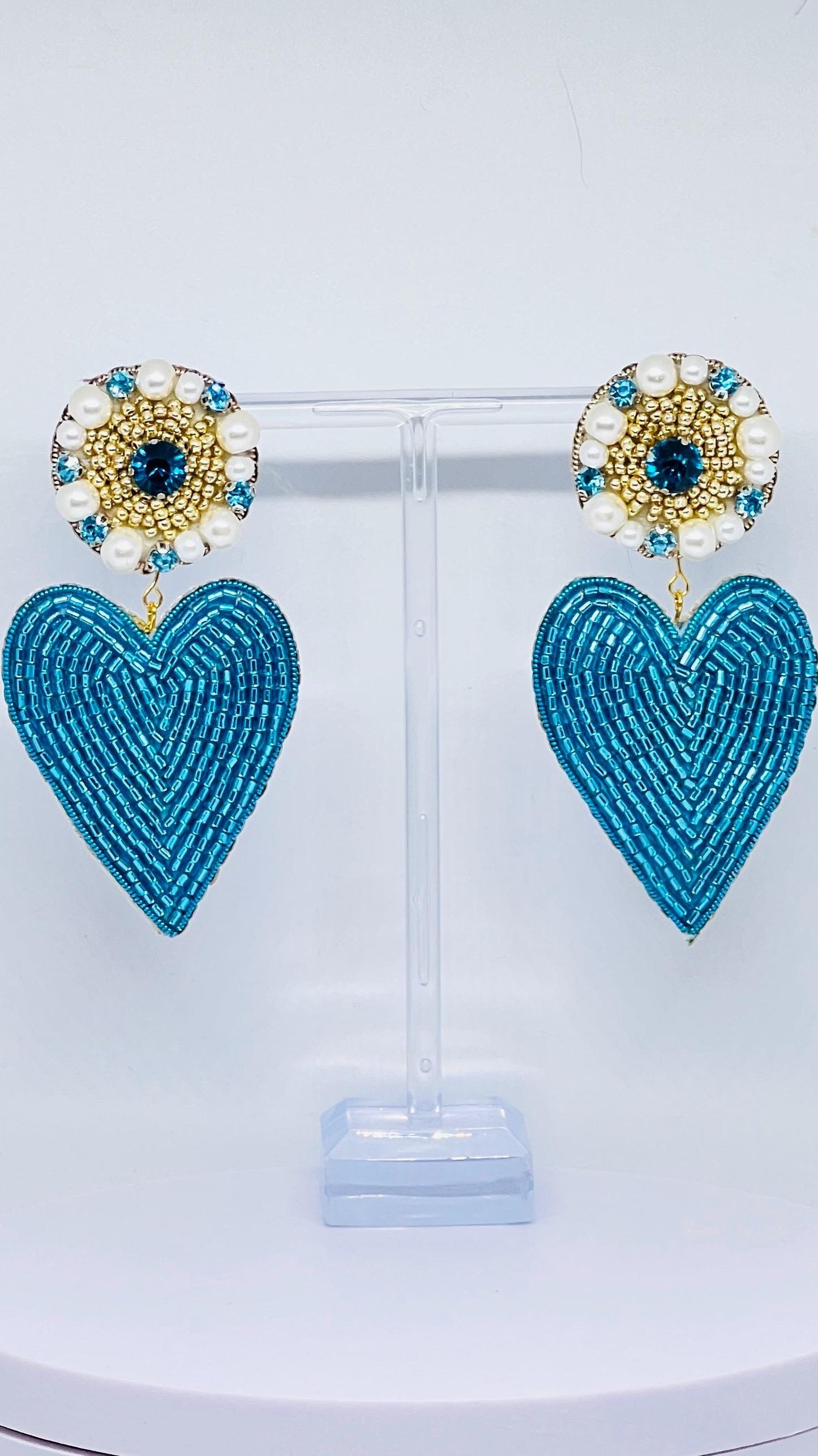 Handmade Blue Heart Earrings: Beaded Pearls & Crystals, Elegant Drop Earrings
