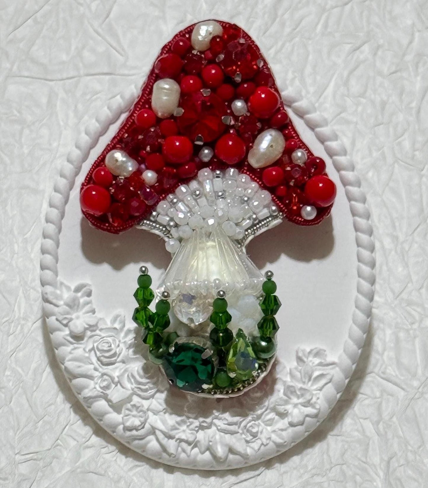 Handmade Beaded Mushroom Brooch: Pearl & Crystal Toadstool Pin