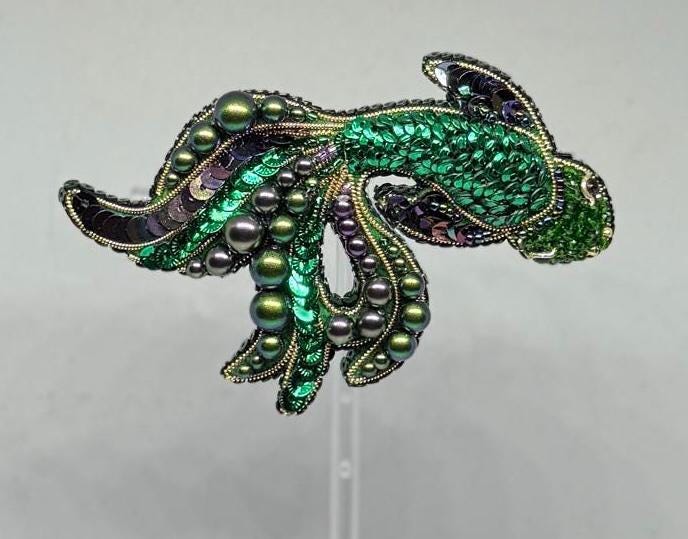 Handmade Beaded Fish Brooch: Embroidered Green Koi Pin