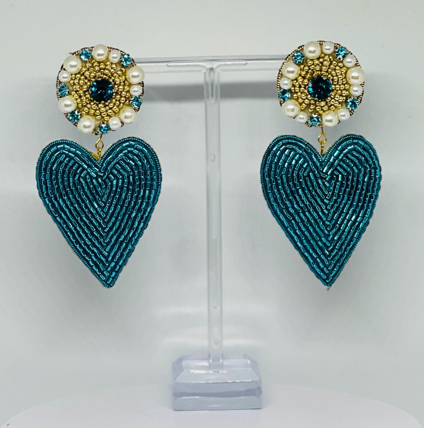 Handmade Blue Heart Earrings: Beaded Pearls & Crystals, Elegant Drop Earrings