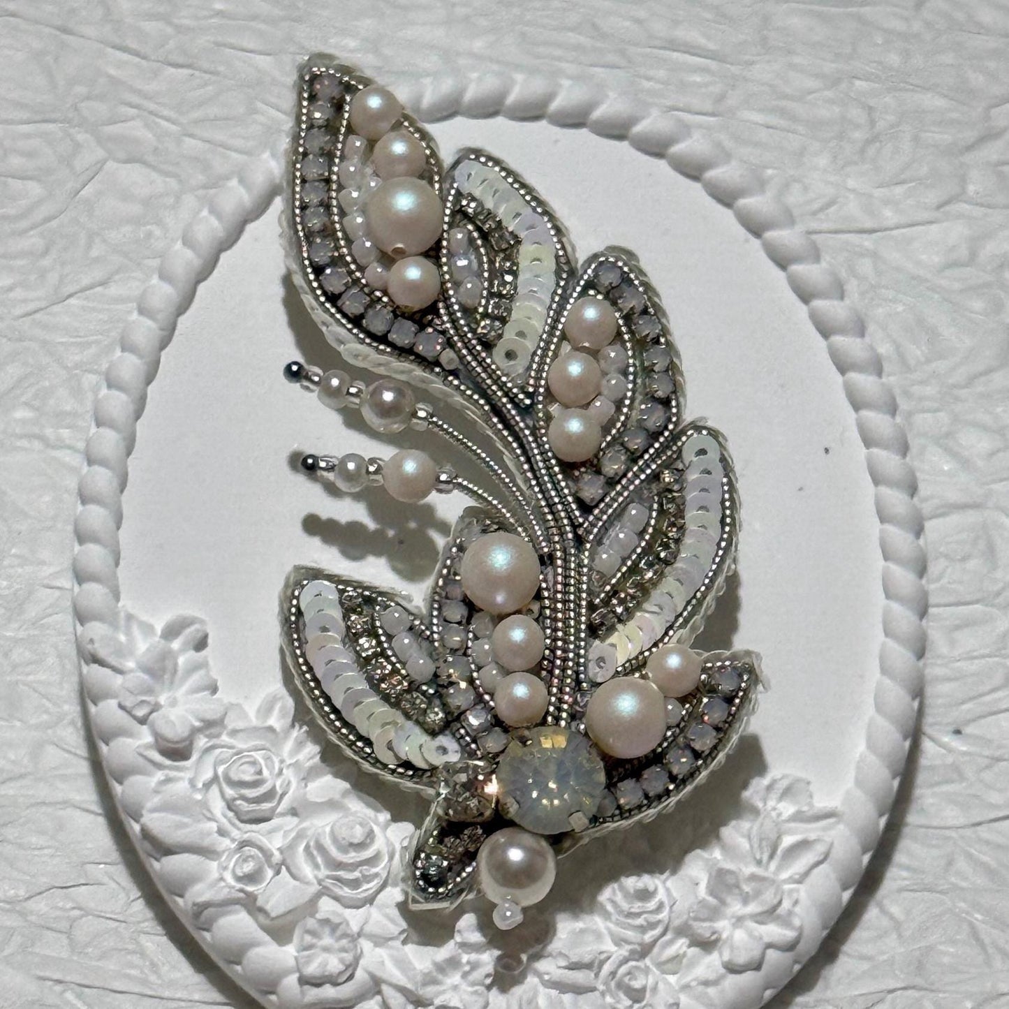 Handmade Beaded Feather Brooch: Pearl & Crystal Wedding Pin