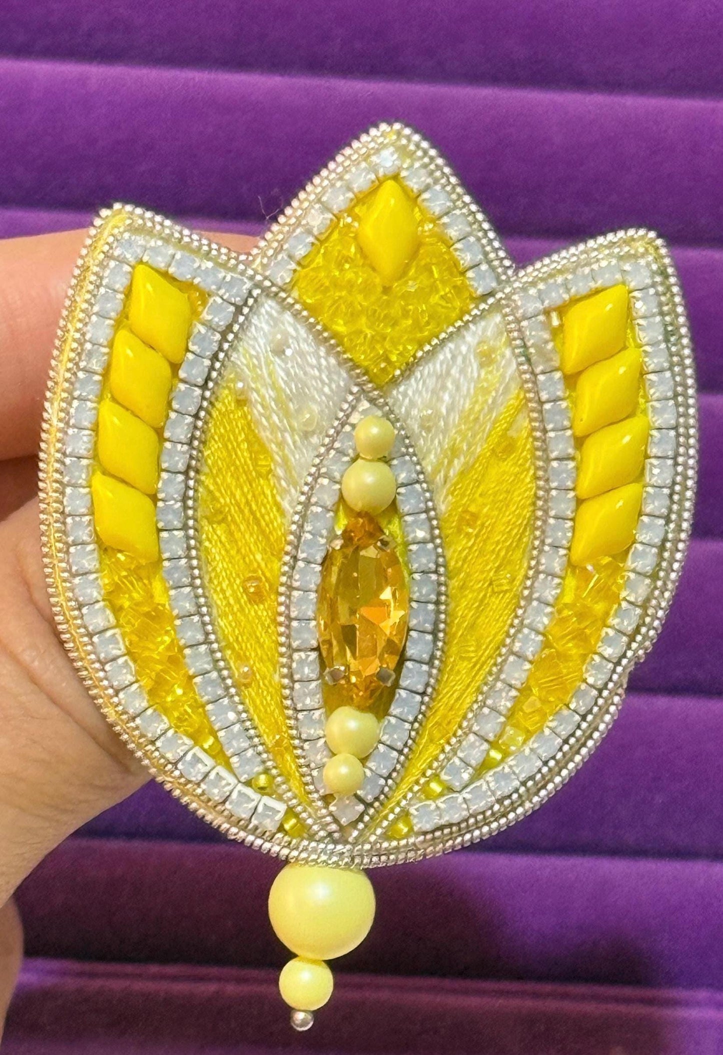 Handmade Beaded Tulip Brooch: Crystal Floral Statement Pin