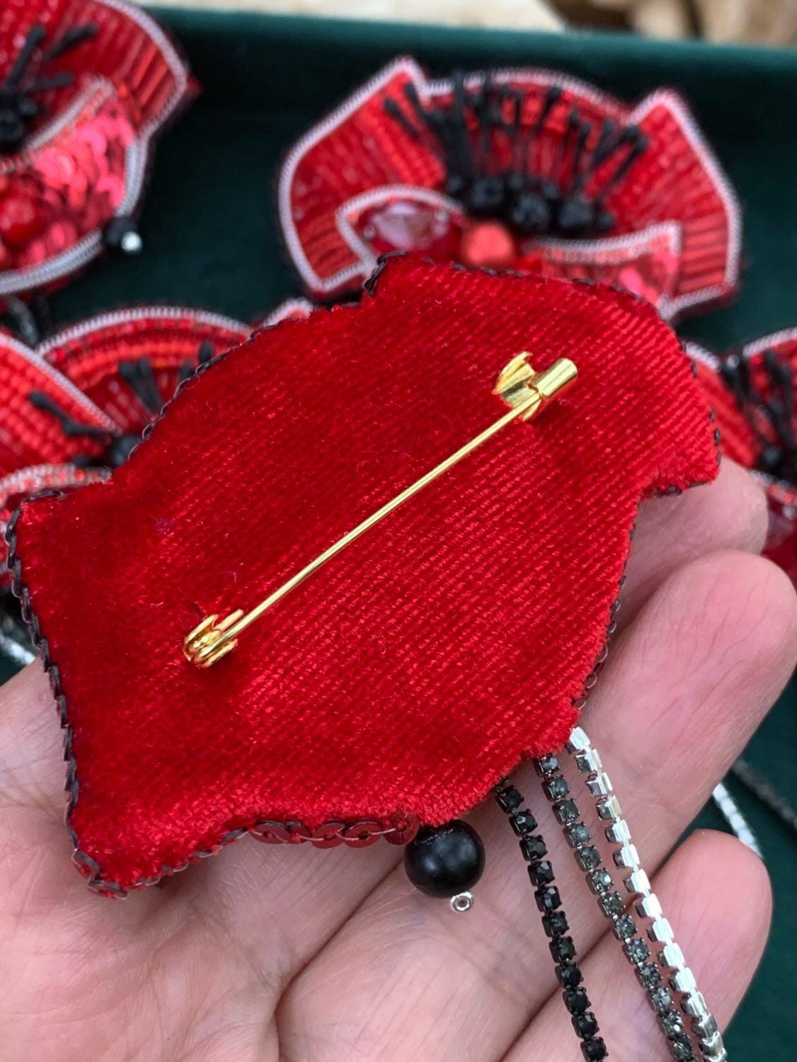 Handmade Red Poppy Brooch: Beaded Sequined Remembrance Pin