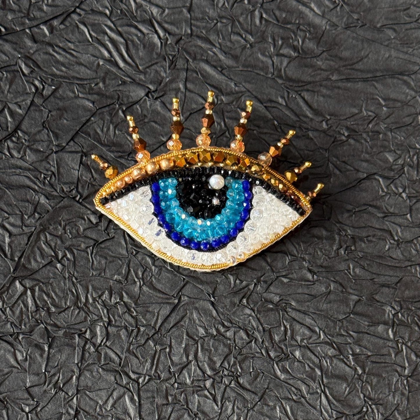 Handmade Beaded Evil Eye Brooch: Blue & Gold Amulet Pin