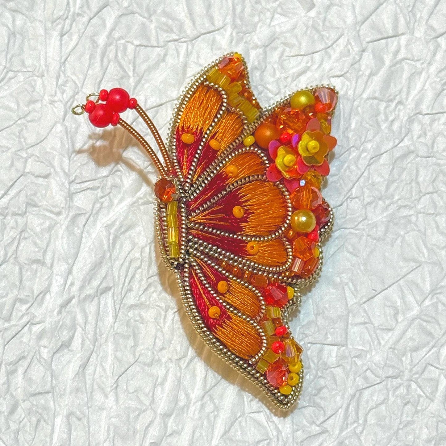 Handmade Beaded Butterfly Brooch: Embroidered Orange & Gold Pin