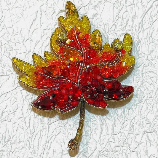 Handmade Beaded Autumn Leaf Brooch: Red, Orange, Yellow Fall Jewelry