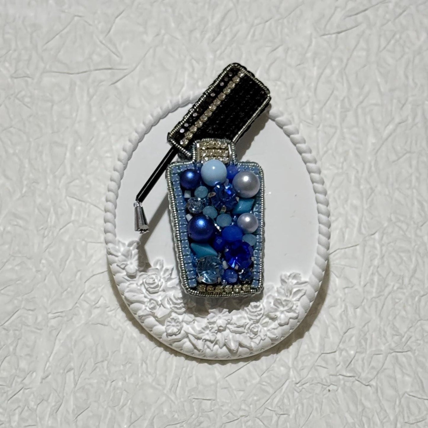 Handmade Blue nail polish Bottle Brooch: Beaded Crystal Pin
