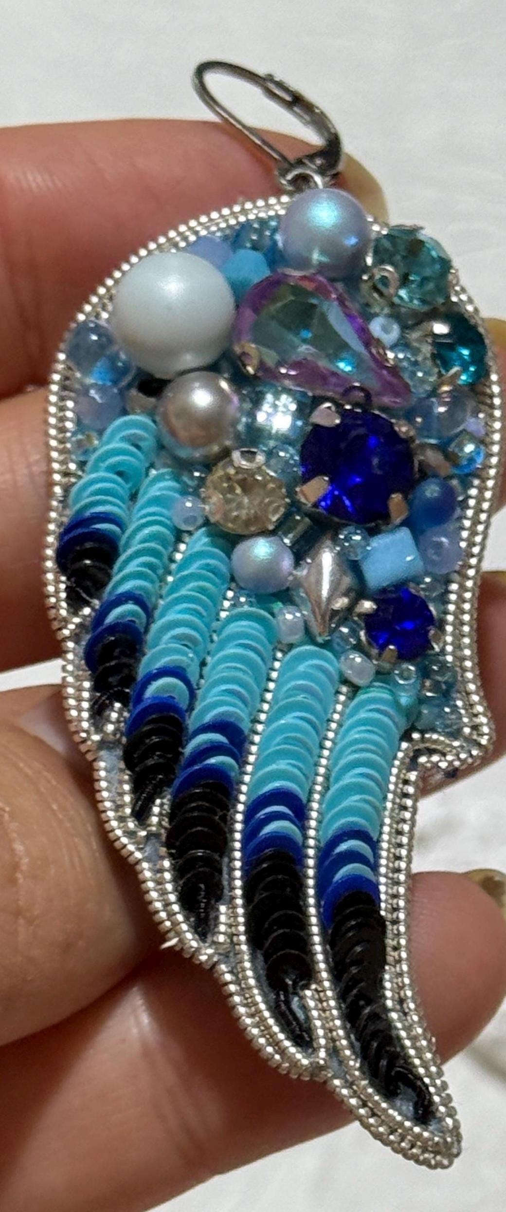 Handmade Beaded Angel Wing Earrings: Blue Crystal Statement Jewelry