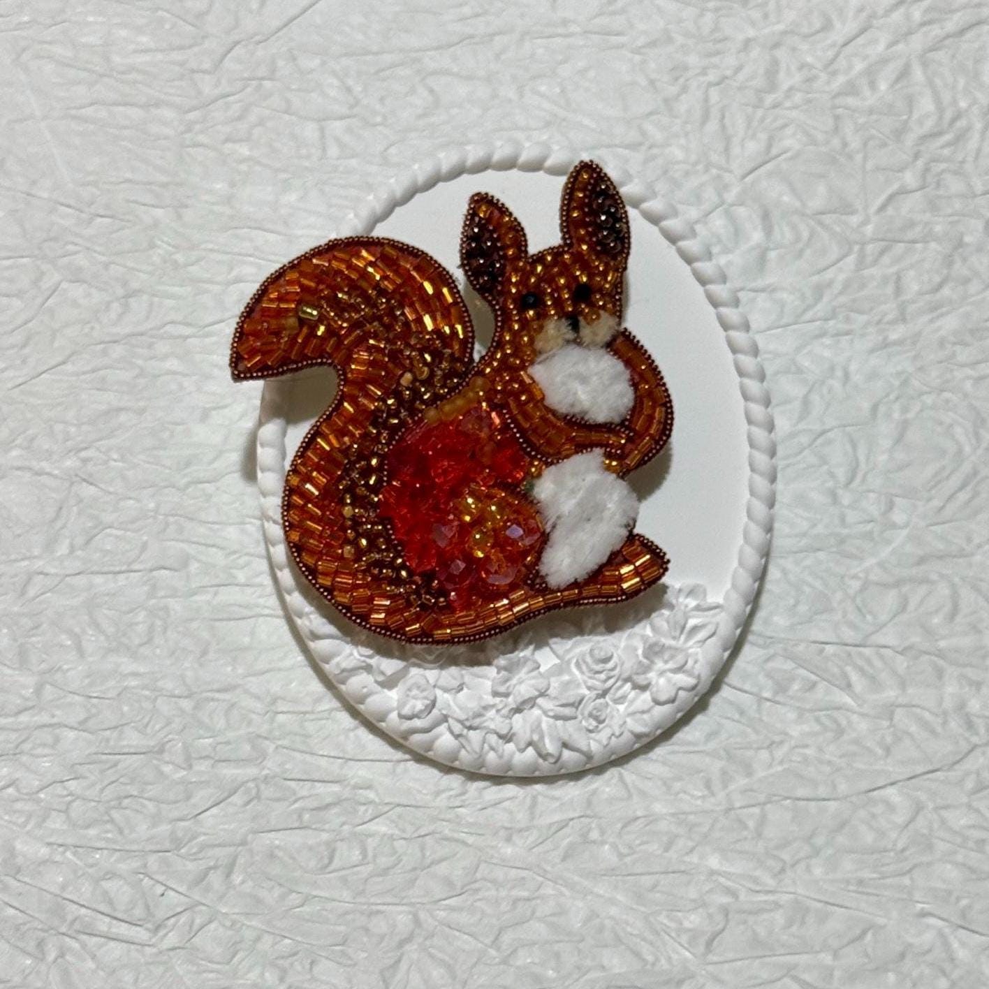 Handmade Beaded Squirrel Brooch: Autumn Woodland Animal Pin