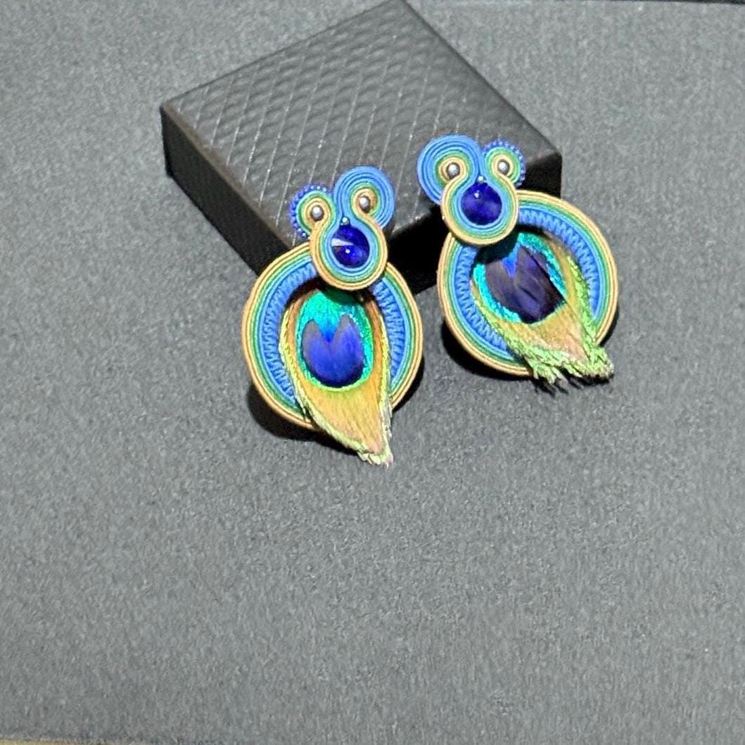 Handmade Peacock Feather Earrings: Soutache Bohemian Jewelry