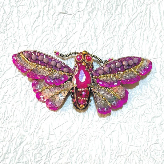 Handmade Beaded Moth Brooch: Crystal Embroidered Insect Pin