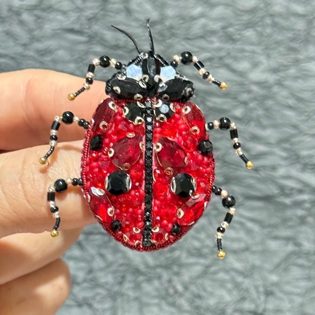 Handmade Ladybug Brooch: Beaded Red Crystal Insect Pin