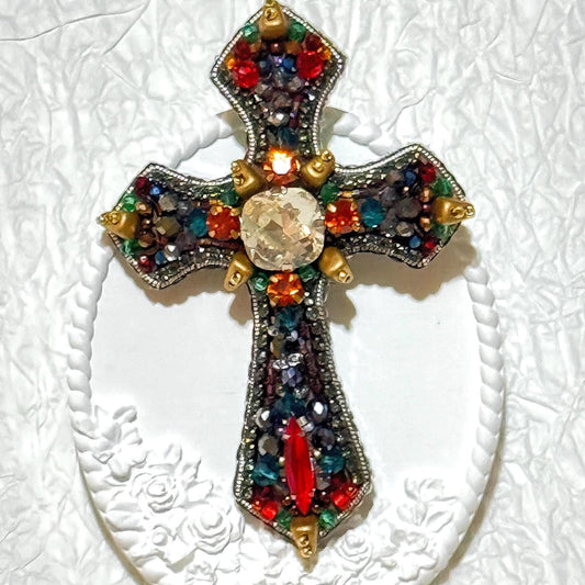 Handmade Beaded Cross Brooch: Colorful Swarovski Crystal Religious Pin