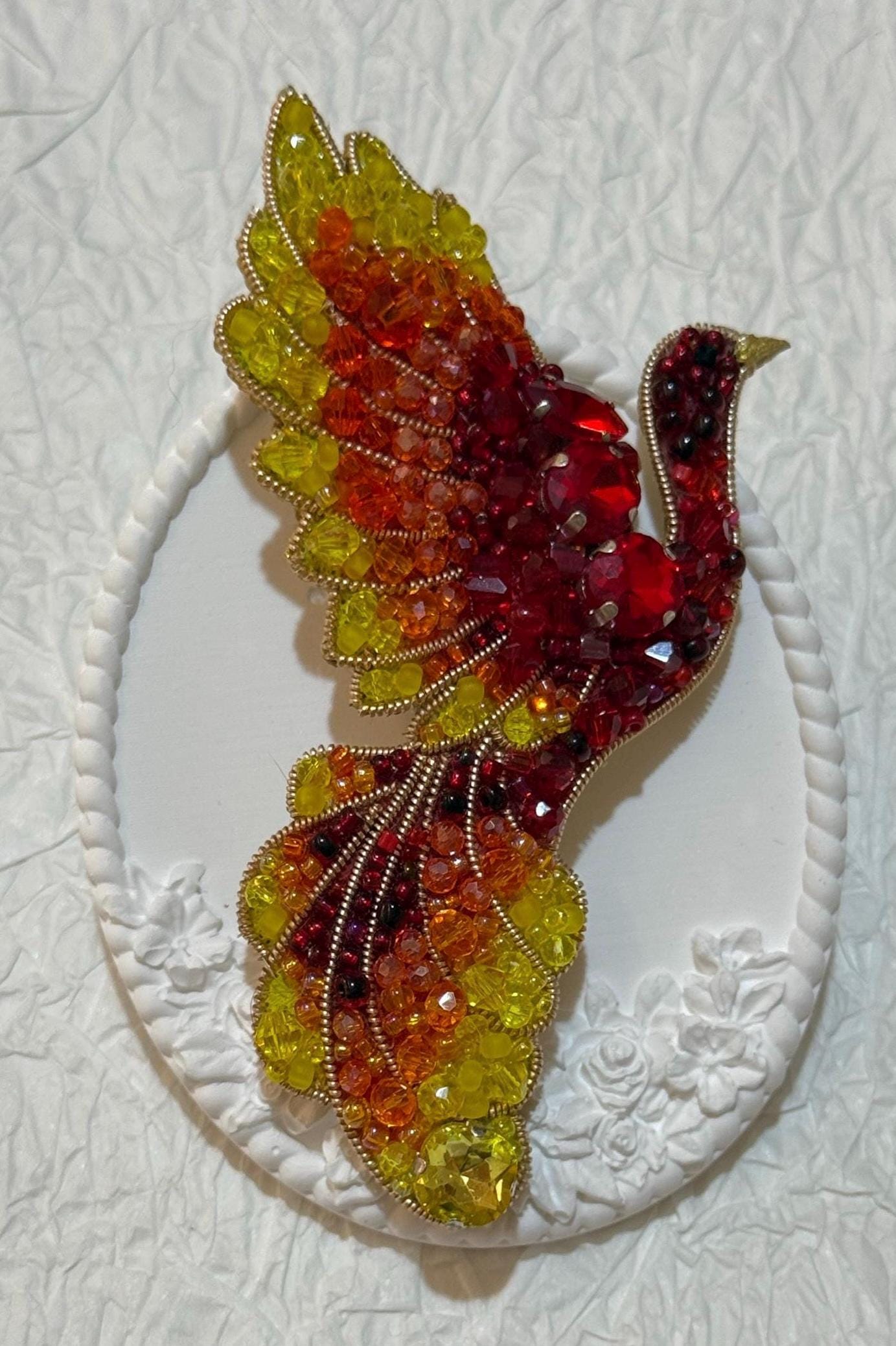 Handmade Beaded Phoenix Brooch: Red, Orange, Yellow Crystal Bird Pin