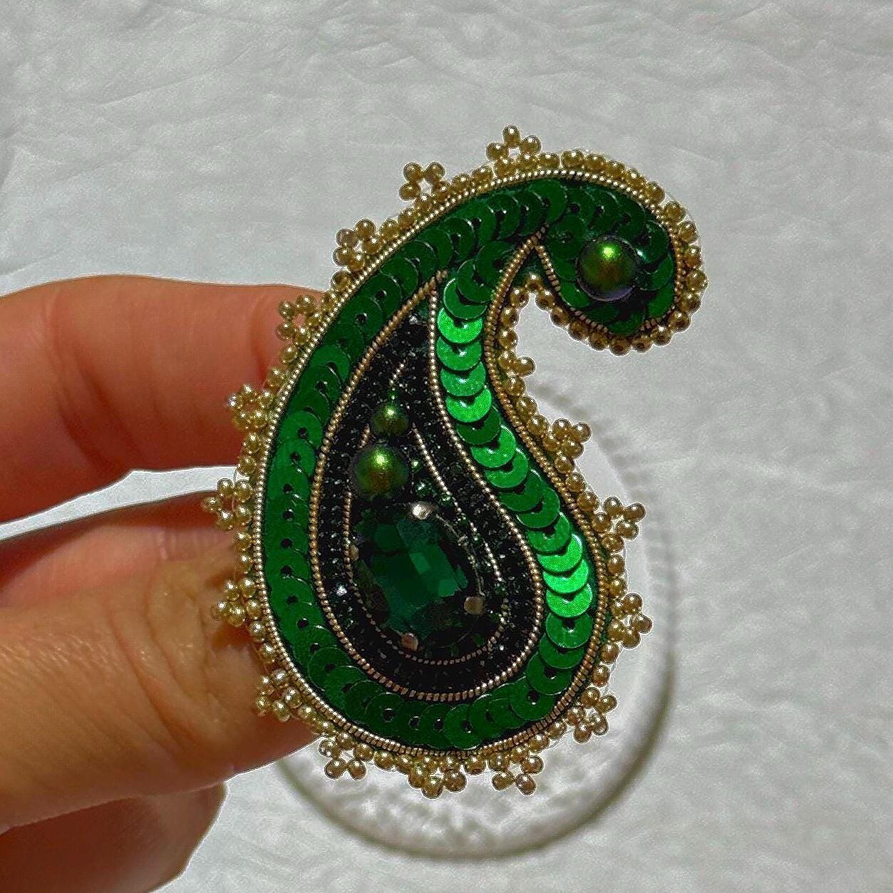Handmade Green Paisley Brooch: Beaded Embroidery Statement Pin