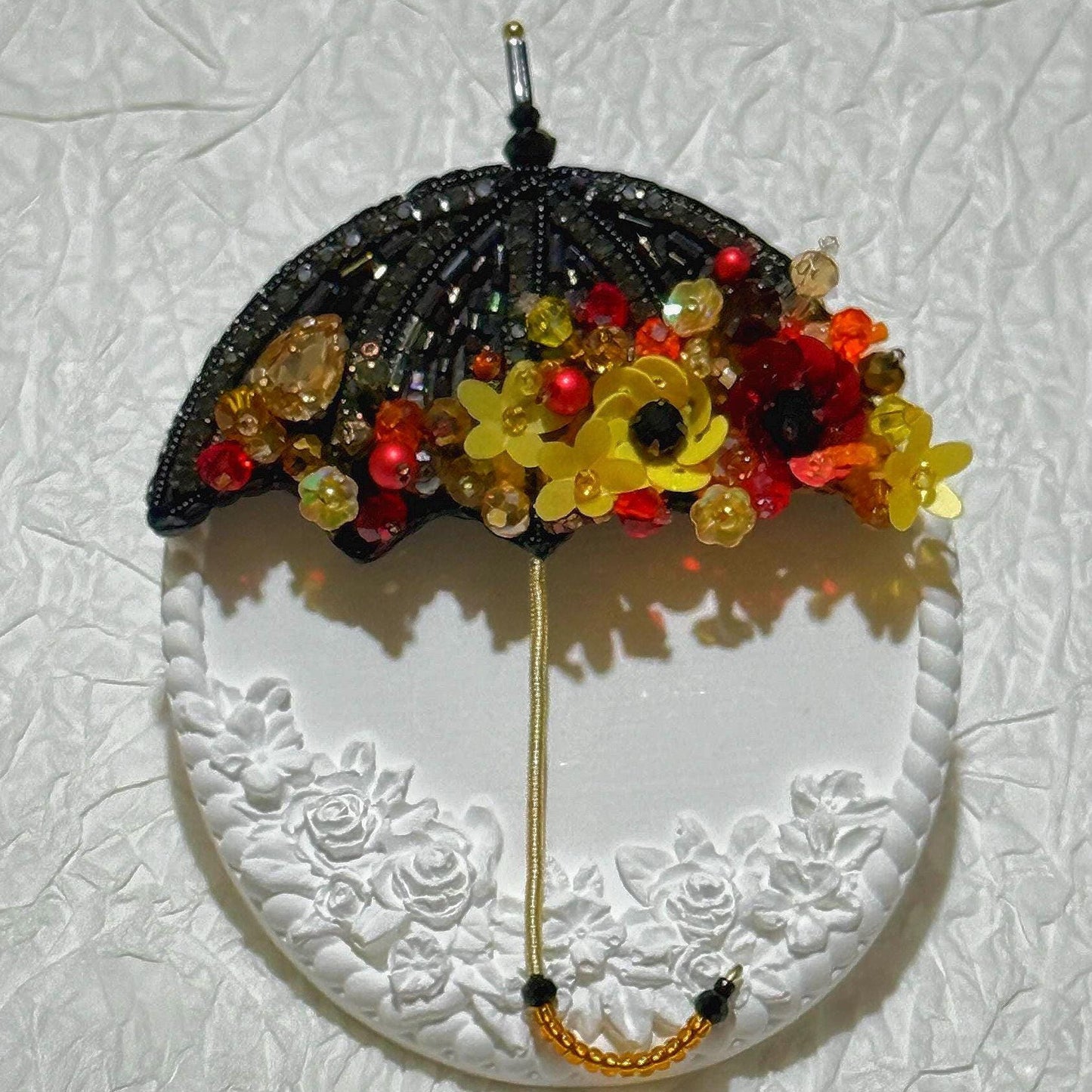 Handmade Beaded Umbrella Brooch: Floral Jewelry Pin with Yellow & Red Accents