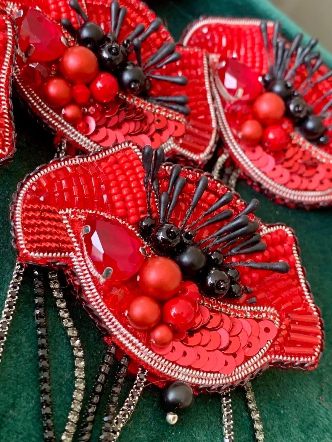 Handmade Red Poppy Brooch: Beaded Sequined Remembrance Pin