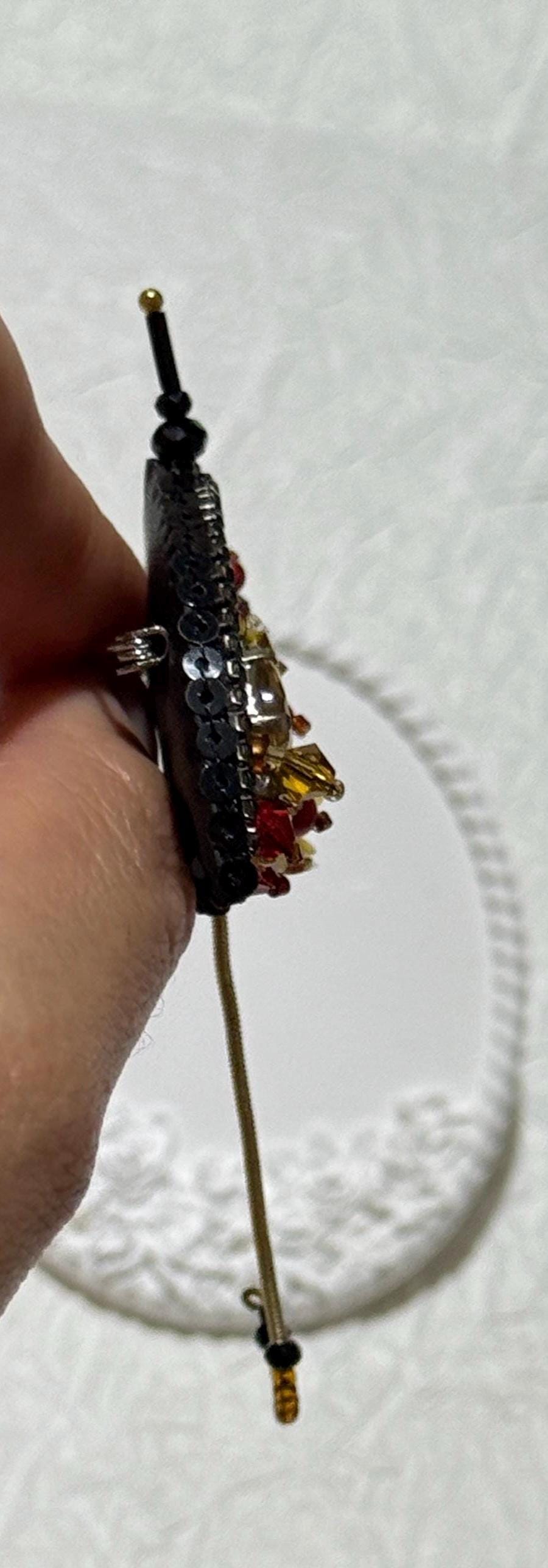 Handmade Beaded Umbrella Brooch: Floral Jewelry Pin with Yellow & Red Accents