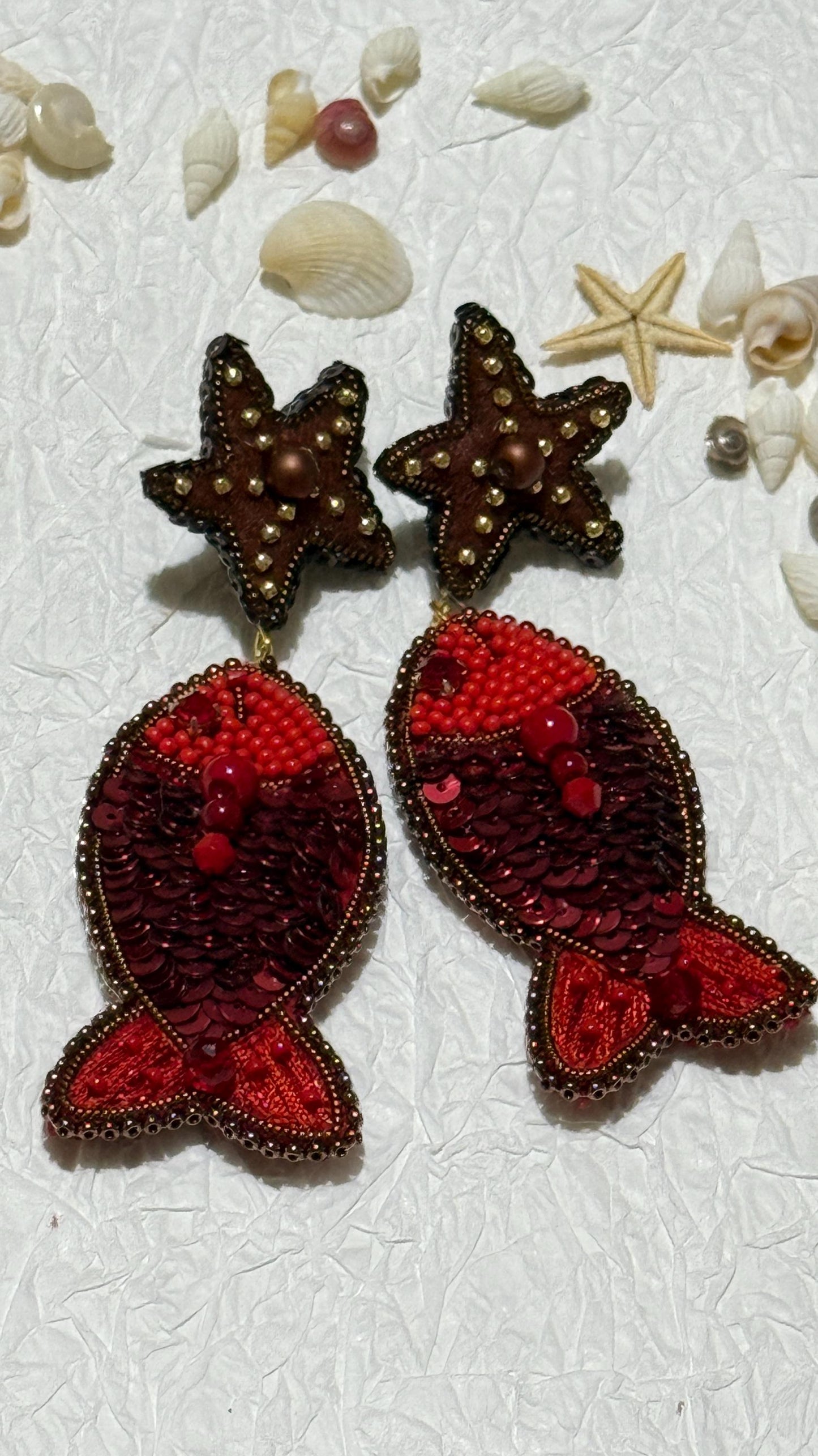 Handmade Beaded Fish Earrings: Red Sequin Starfish Dangle Jewelry