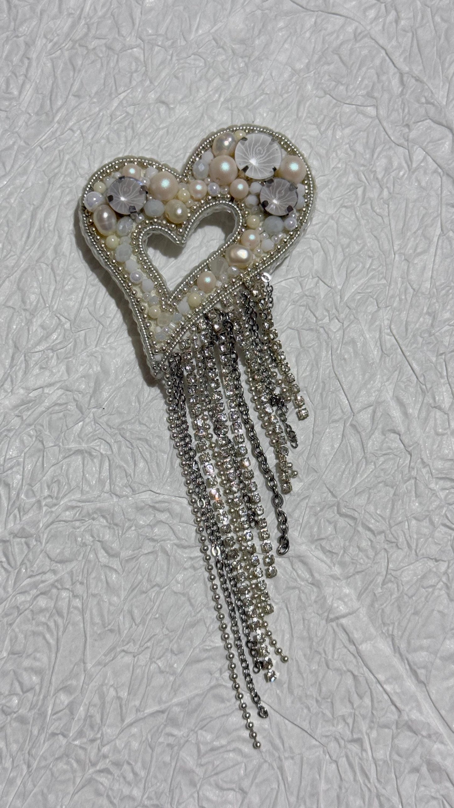 Handmade Pearl Heart Brooch: Beaded Rhinestone Dangling Chains