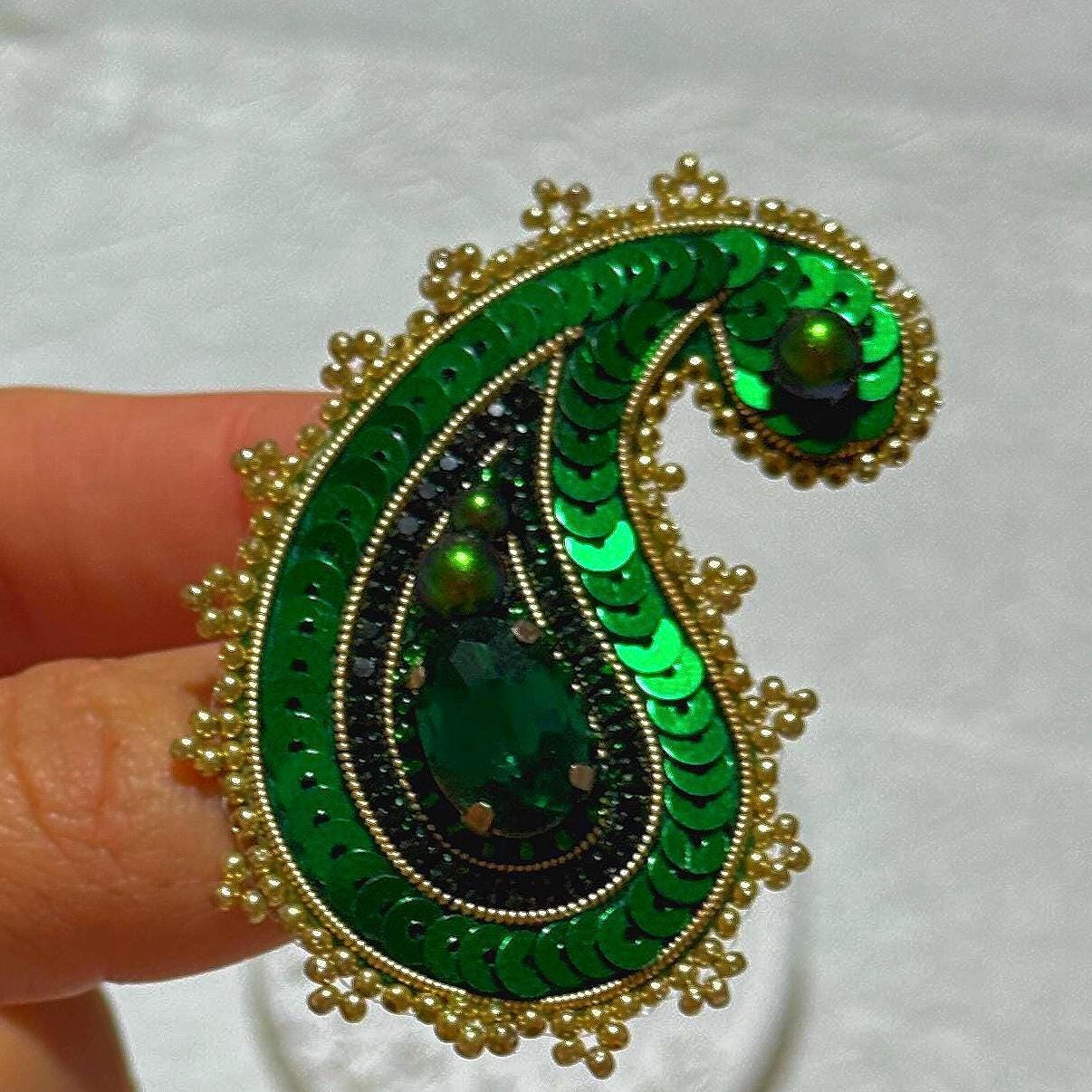 Handmade Green Paisley Brooch: Beaded Embroidery Statement Pin