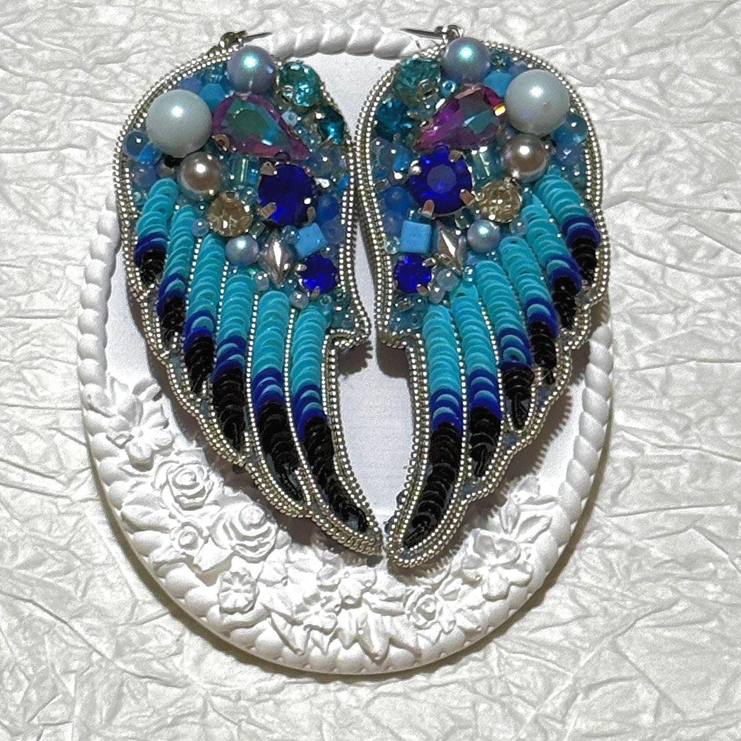 Handmade Beaded Angel Wing Earrings: Blue Crystal Statement Jewelry