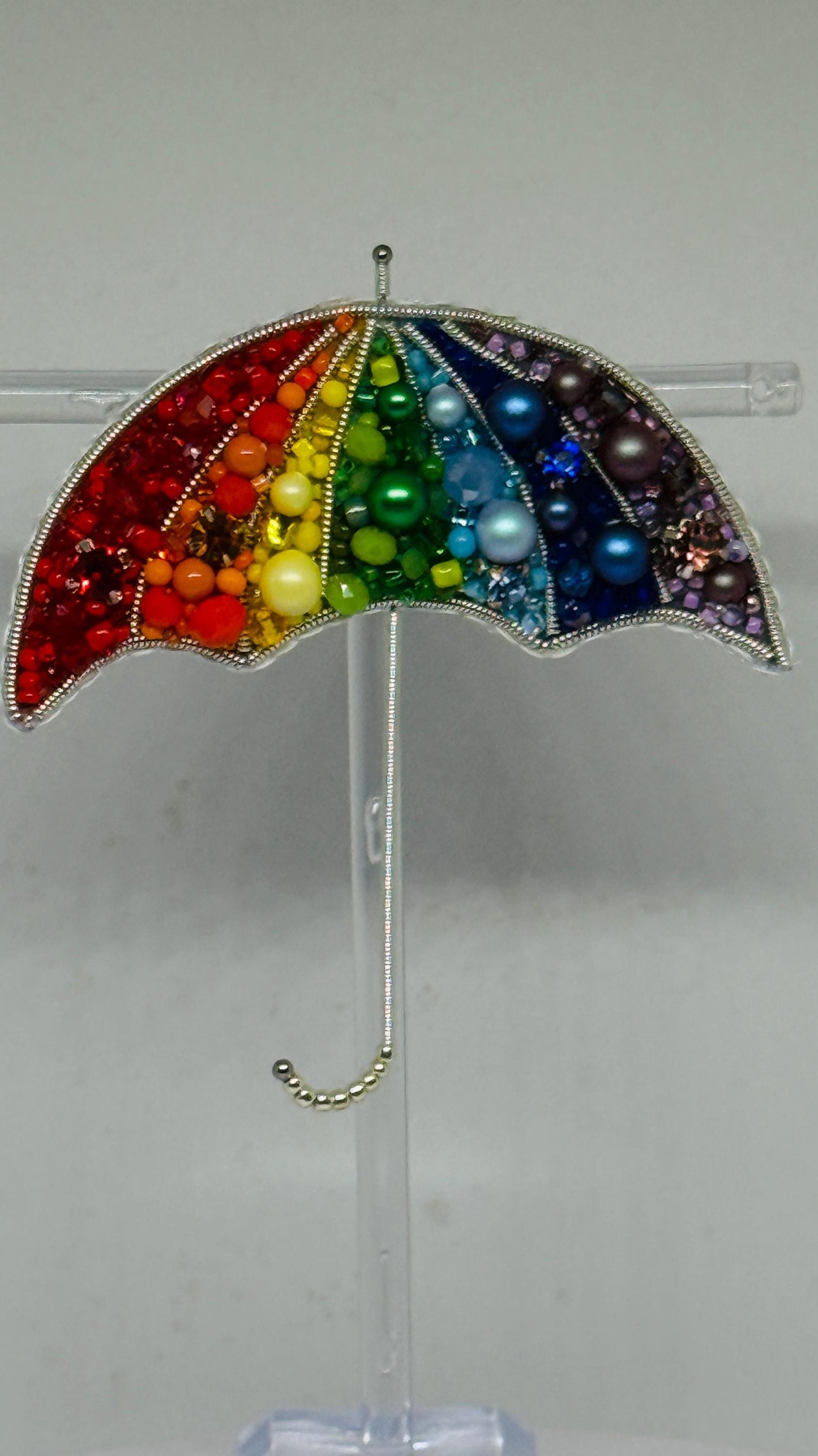 Handmade Rainbow Umbrella Brooch: Beaded Pride Pin