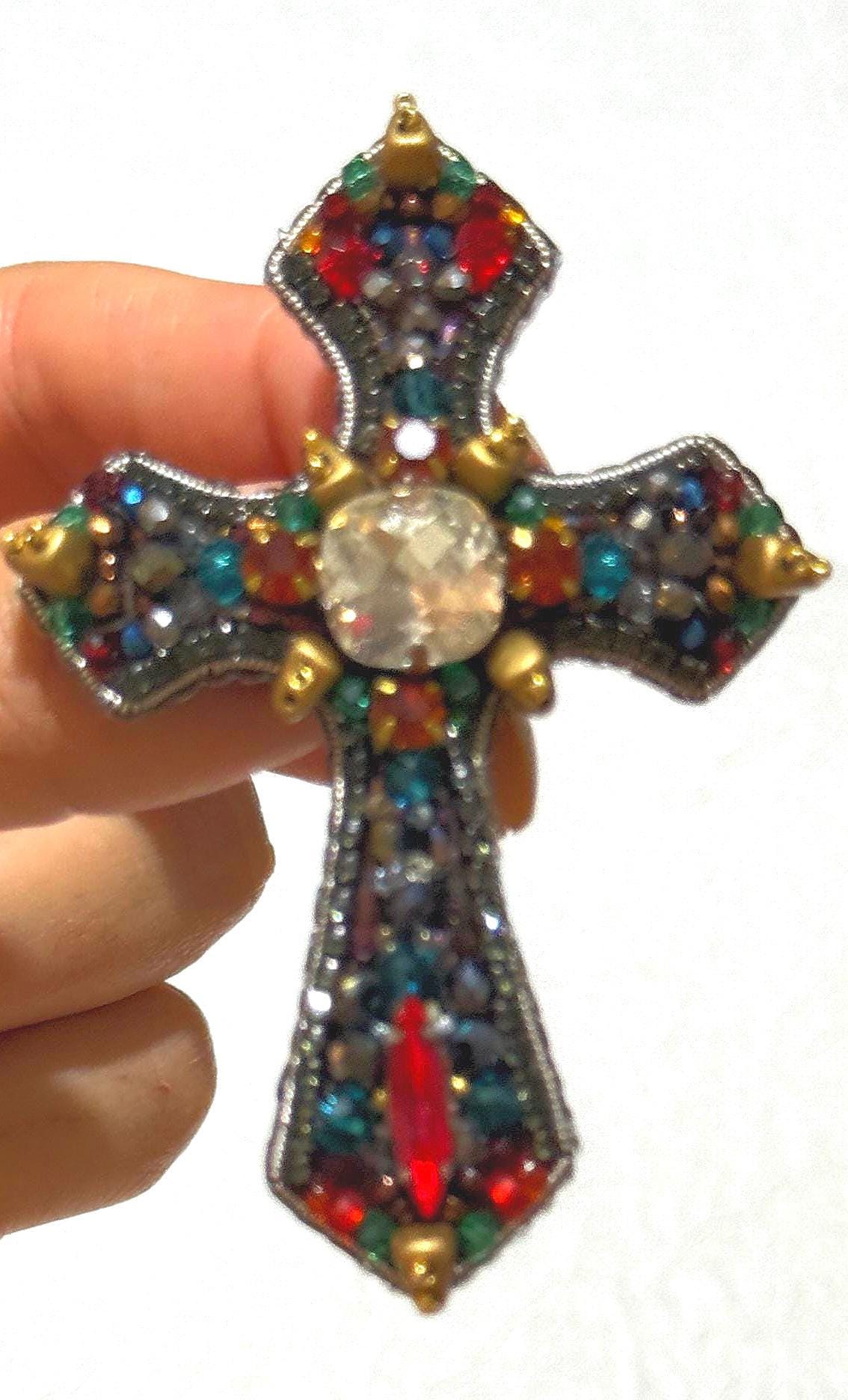 Handmade Beaded Cross Brooch: Colorful Swarovski Crystal Religious Pin