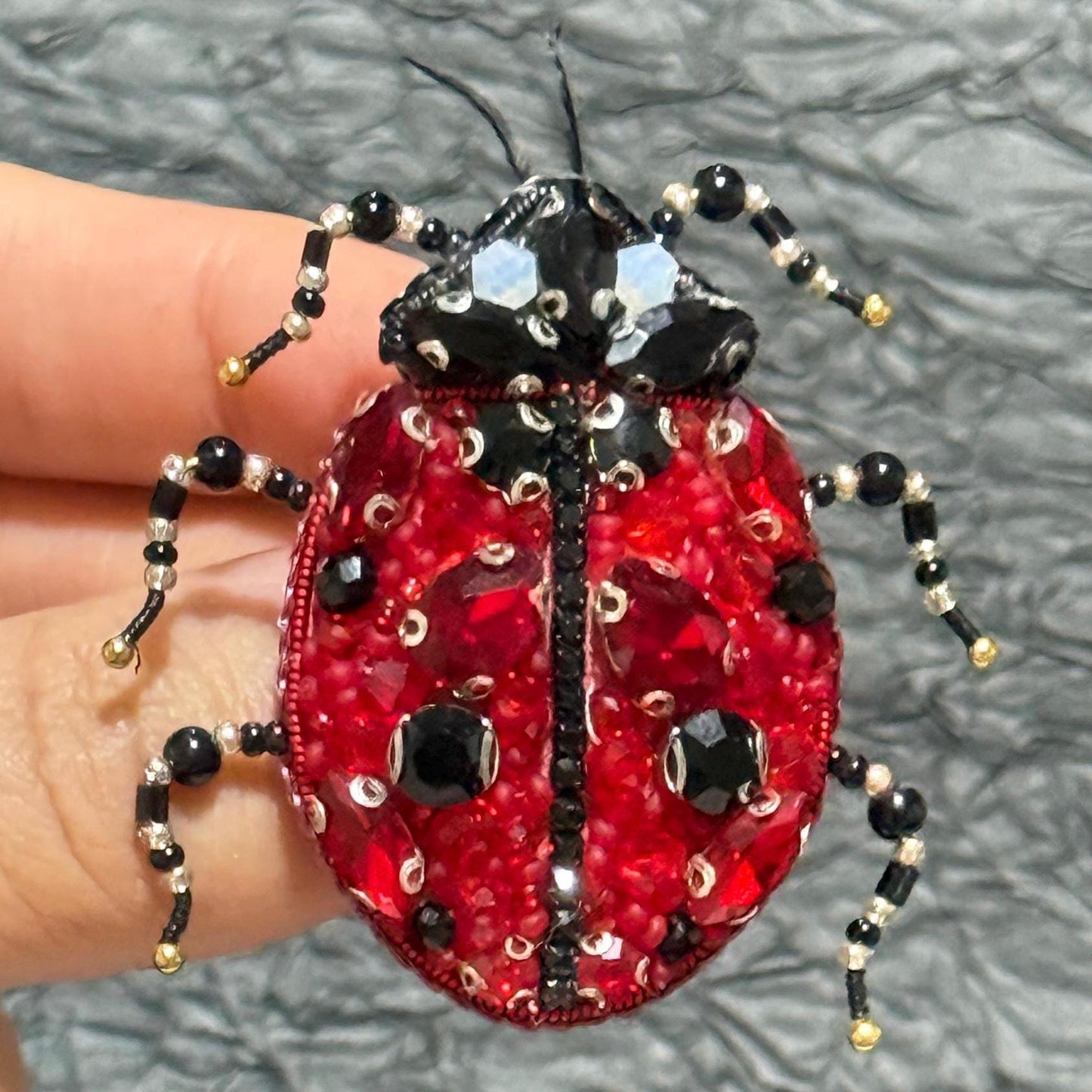 Handmade Ladybug Brooch: Beaded Red Crystal Insect Pin