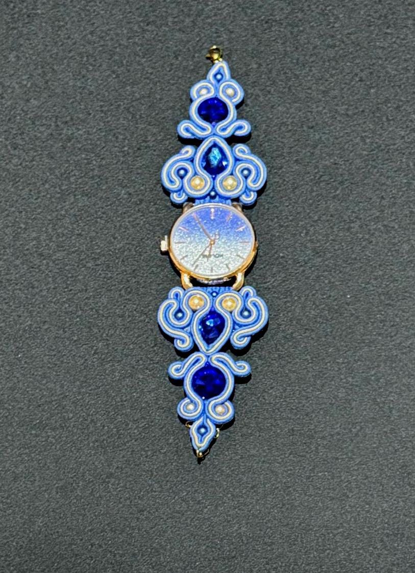 Handmade Soutache Watch: Blue Crystal Beaded Bracelet, Adjustable Strap