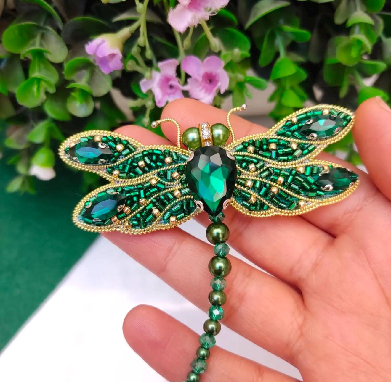 Handmade Green Dragonfly Brooch: Beaded Crystal Statement Pin