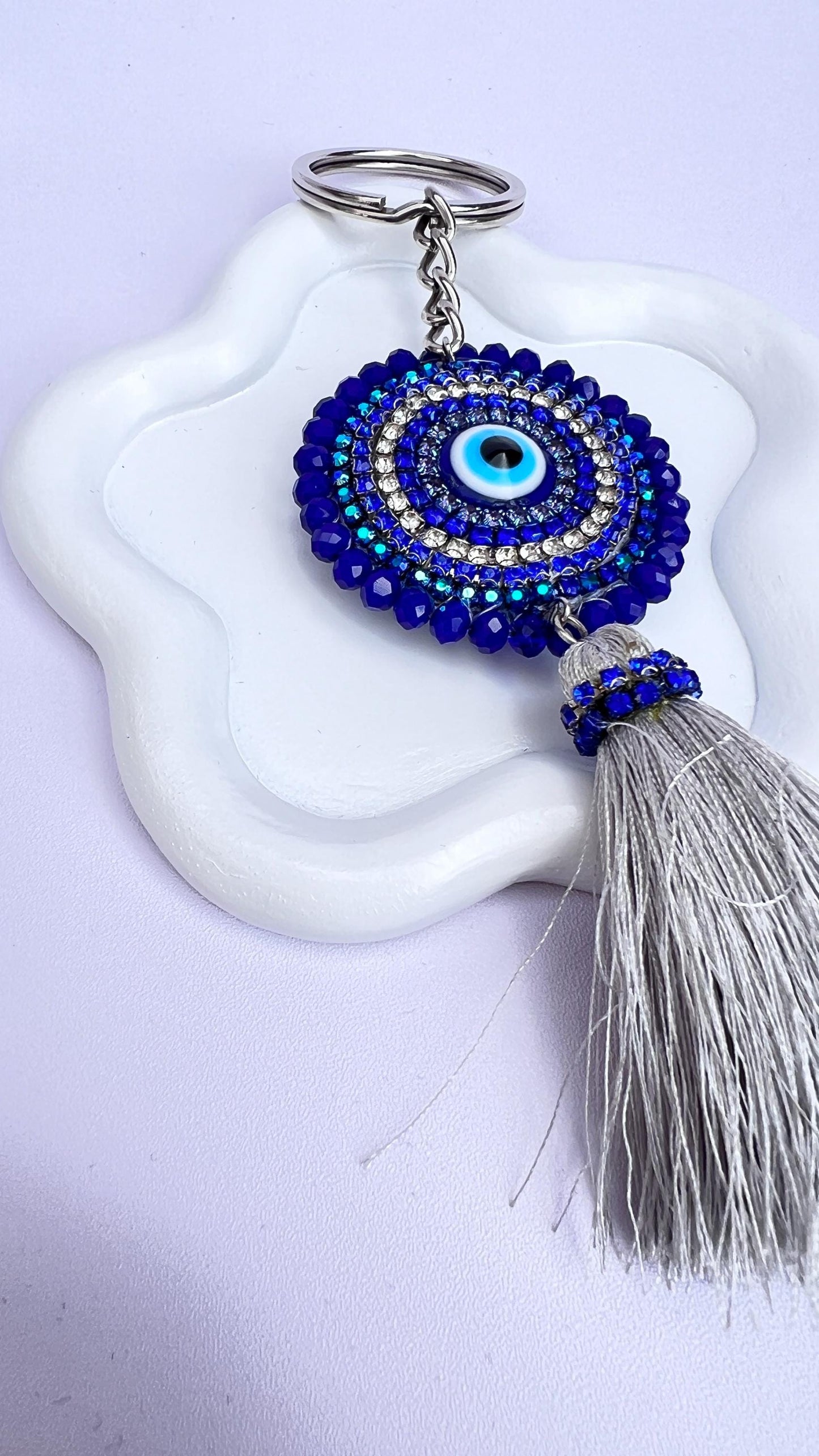Handmade Evil Eye Car Key Ring with Tassel | Blue Crystal Keychain Charm