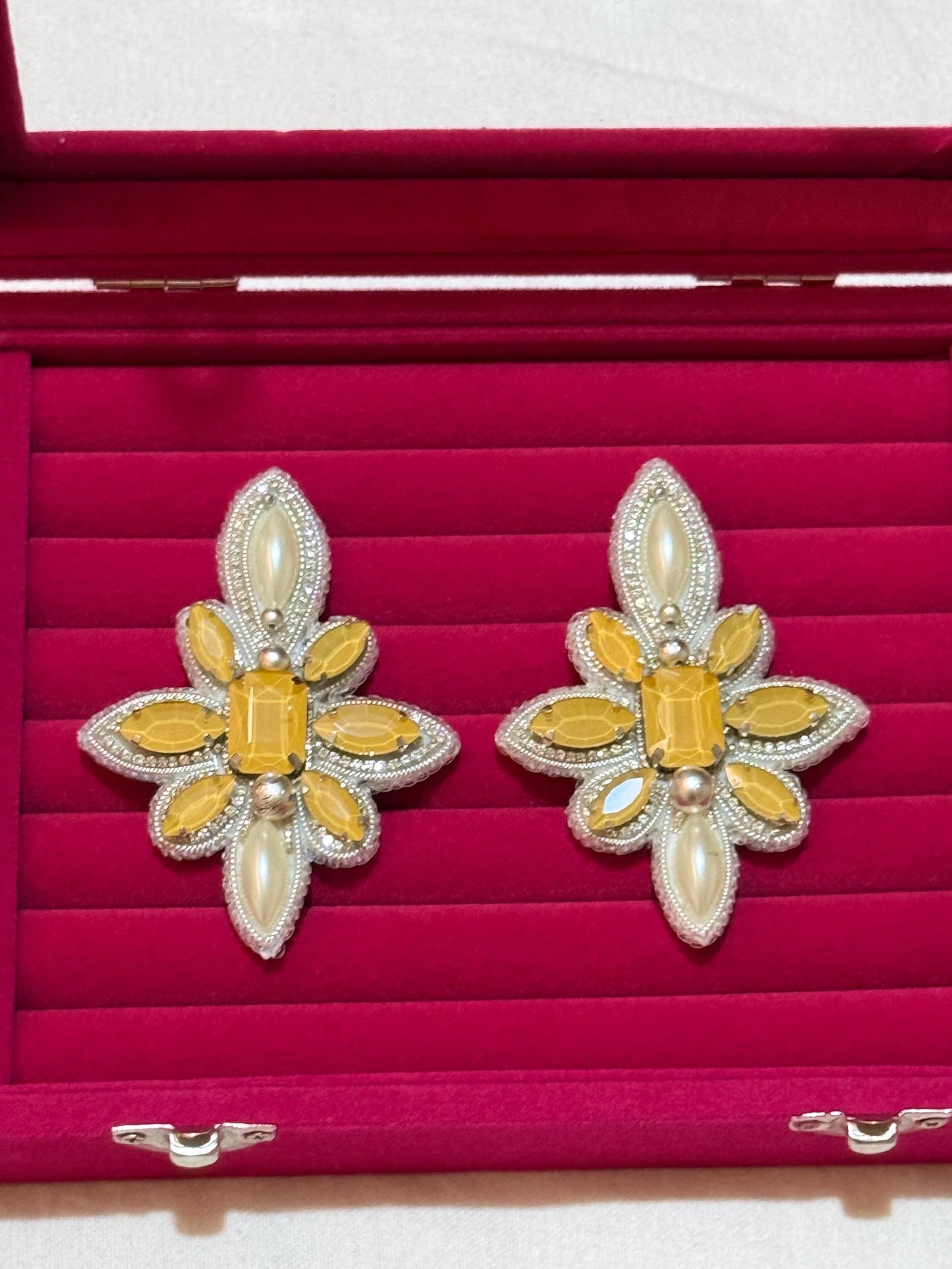 Handmade Beaded Flower Earrings, Yellow Gem Pearl Dangles