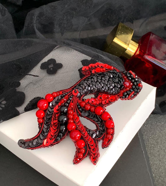 Handmade Beaded Koi Fish Brooch: Embroidered Red & Black Pin