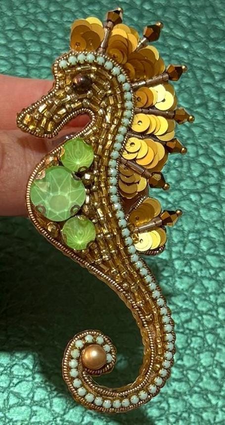 Handmade Gold Seahorse Brooch, Beaded Sea Life Jewelry