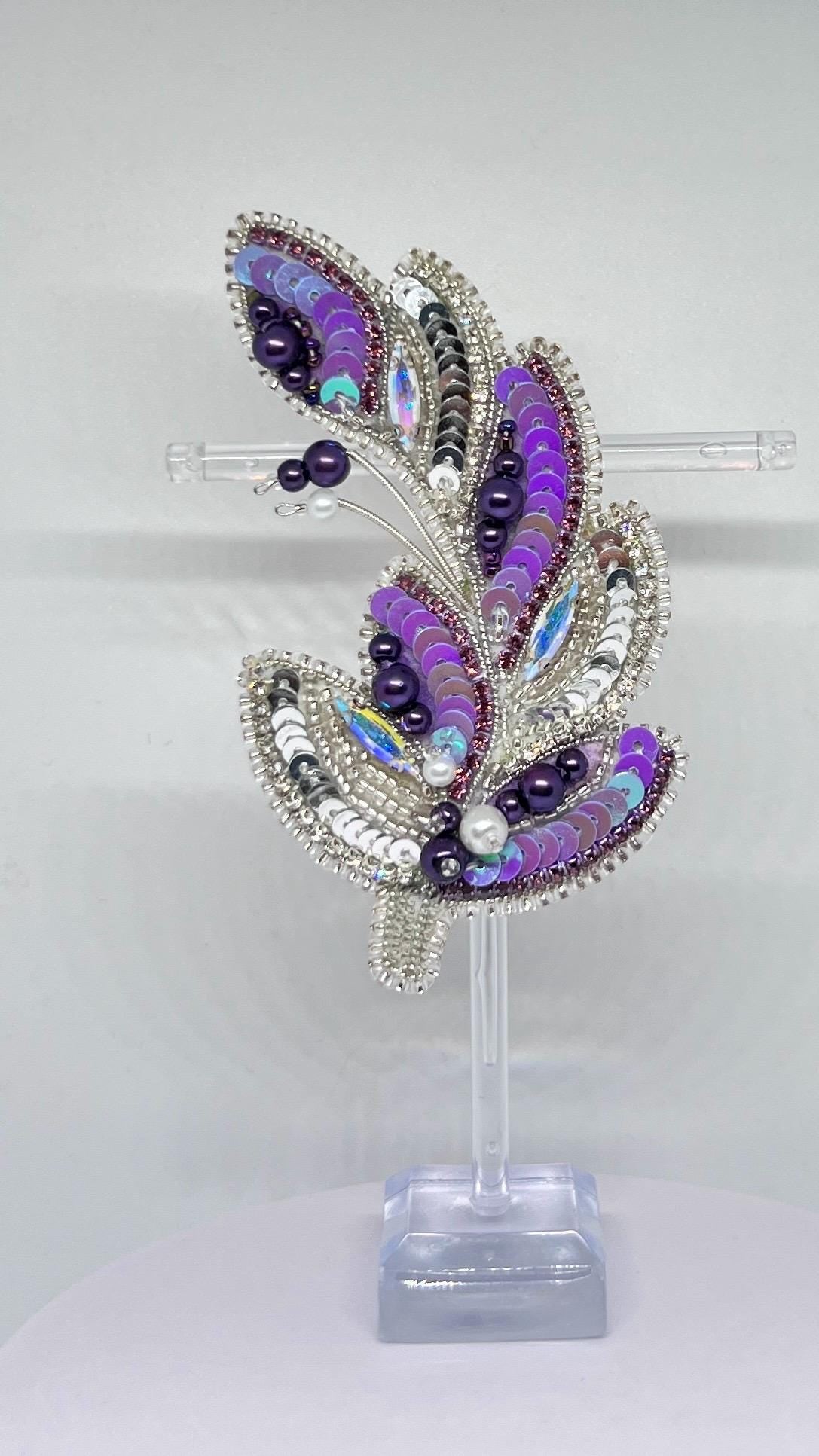 Handmade Beaded Feather Brooch: Purple Sequin & Pearl Embellished Pin