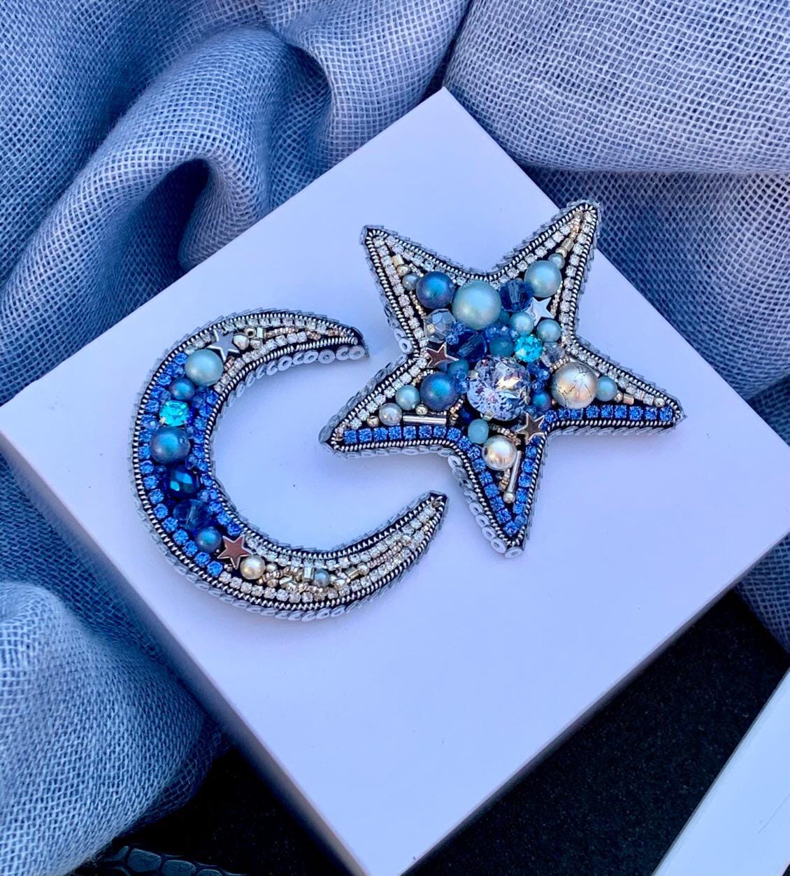Handmade Beaded Star and Moon Brooch: Celestial Rhinestone Pin