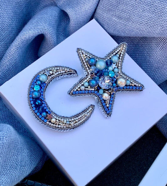 Handmade Beaded Star and Moon Brooch: Celestial Rhinestone Pin