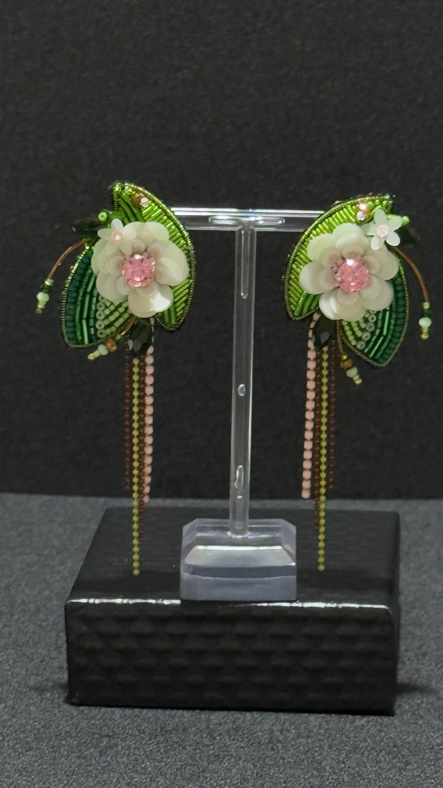 Handmade Green Floral Beaded Earrings – Elegant Nature-Inspired Statement Jewelry