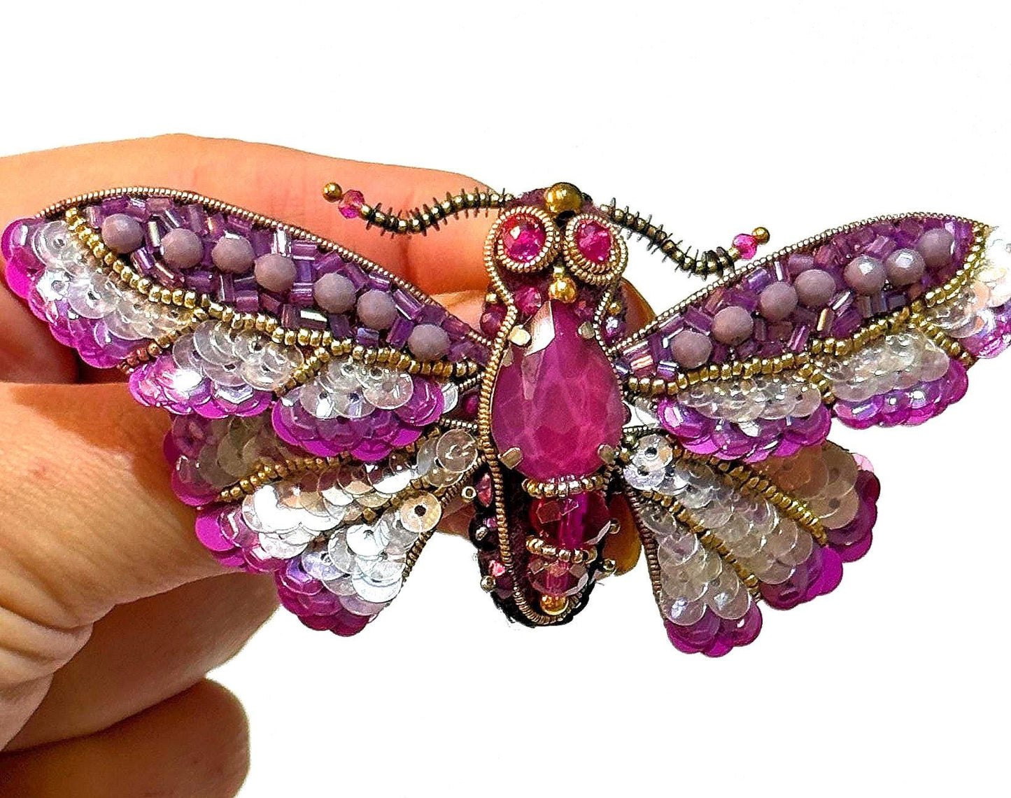 Handmade Beaded Moth Brooch: Crystal Embroidered Insect Pin
