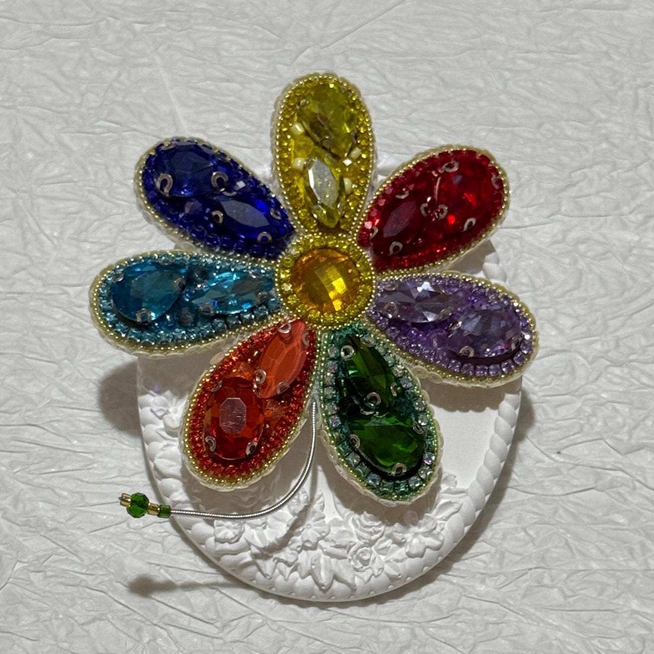 Handmade Rainbow Crystal Flower Brooch: Beaded Pride Pin