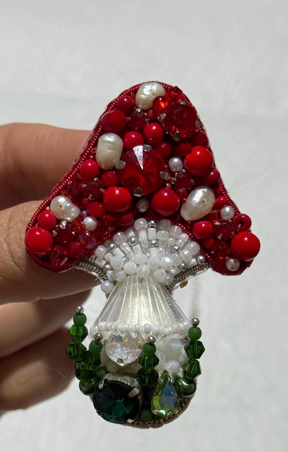 Handmade Beaded Mushroom Brooch: Pearl & Crystal Toadstool Pin
